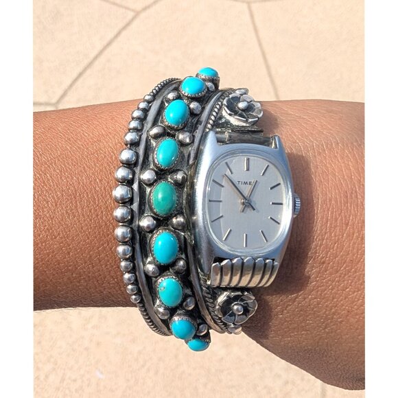 Native American Jewelry - Navajo Sterling Silver & Turquoise Watch Bracelet E. Anderson Non Working 49.5g